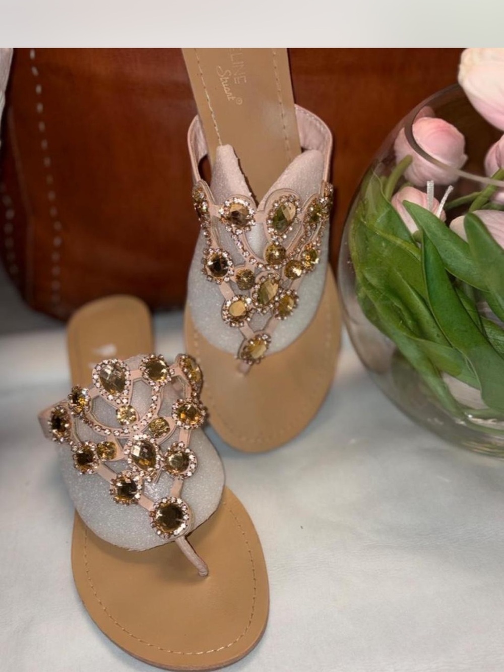Madeline Stuart Tan Jeweled Embellished T-Strap Sandals